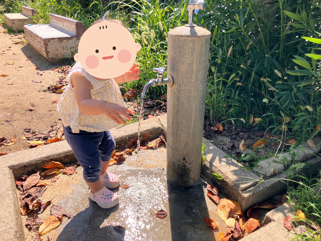 公園の手洗い場で水を触る１歳娘